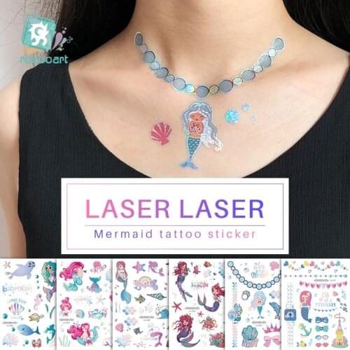Rocooart Laser Tattoo Sticker Glitter Mermaid Tatoo For Women Makeup Taty Body Art Fake Tattoo Necklace Waterproof Flash Tatto