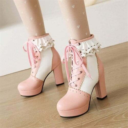 PXELENA Large Size 34-48 Korean Sweet Lolita Cosplay Ankle Boots Women Block High Heels Ruffles Dress Party Wedding Shoes Bride