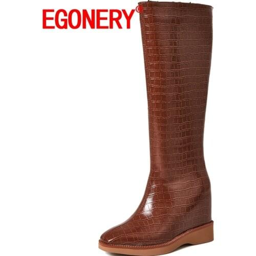 EGONERY Women winter New Style Slope Heel High boots Horse oil skin Good Qualtiy Comfortable ventilation Mature soft Solid color