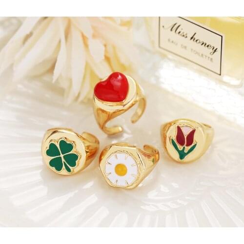 Kissme Women Rings Delicate Multicolor Enamel Daisy Tulip Four Leaf Clover Gold Color Alloy Luck Open Rings New Fashion Jewelry