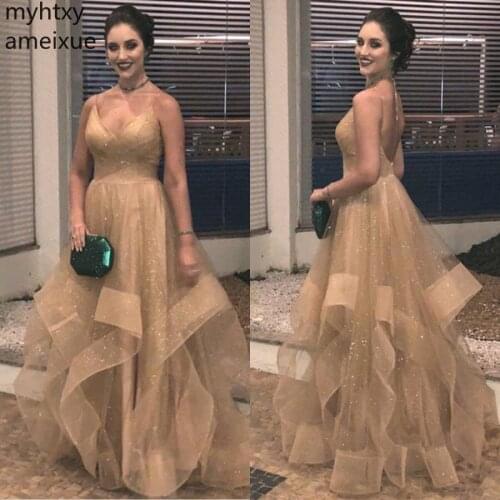 New Prom Dress Sequin Sexy Spaghetti Straps V Neck Tiered Plus Size Women Evening Dresses Formal Party Gala Gowns Dress Elegant