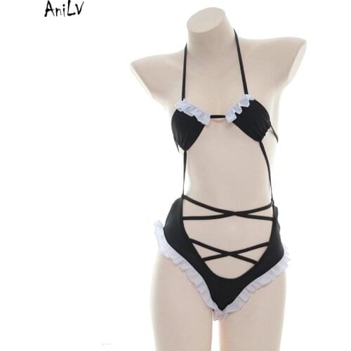 AniLV Sexy Ruffle Maid Halter One-piece Bikini Swimsuit Costume Anime Lolita Girl Bodysuit Swimwear Uniform Pool Party Cosplay