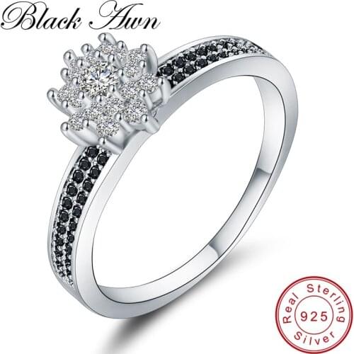 [BLACK AWN] Genuine 3.4 Gram 925 Sterling Silver Jewelry Black&White Stone Engagement Rings for Women C309