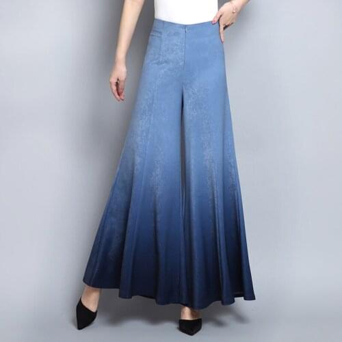 Summer Spring Womens High Waisted Blue Wide Leg Flare Pants , 2020 Woman Clothes , Casual Trousers for Women