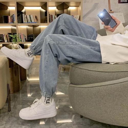Pants mens loose-fitting trend Korean version nine-point jeans mens summer thin wide-legged pants