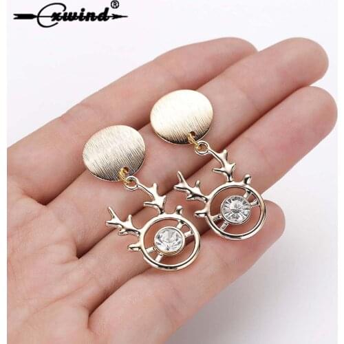 Cxwind Vintage Crystal Deer Head Gold Color Drop Earrings For Women Fashion Antler Piercing Metal Lady Earring Jewelry oorbellen
