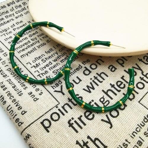 European and American dark green enamel bamboo circle earrings female earrings temperament long round face slim earrings