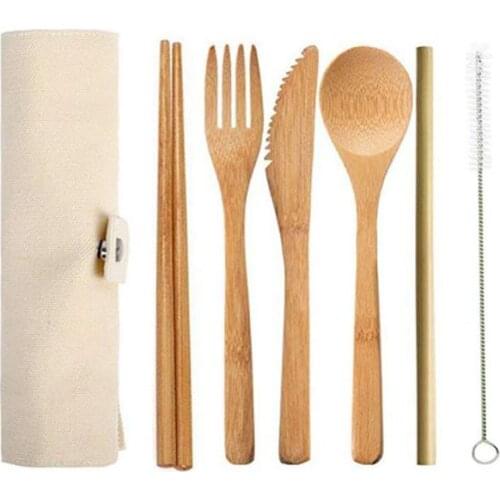Hot Bamboo Cutlery 7pcs/Set Spoon Fork Knife Tableware Set with Cloth Bag Eco-Friendly Portable Utensil Tableware Set SN1355
