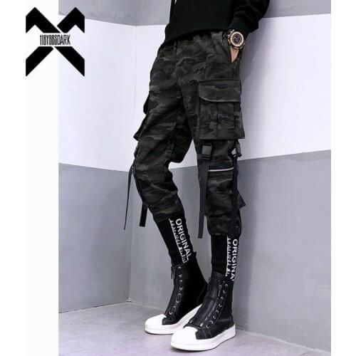 Camouflage Tactical Functional Cargo Pants Joggers Men Ribbons Multi-pocket Trousers Hip Hop Streetwear Harem Pant Black WB236