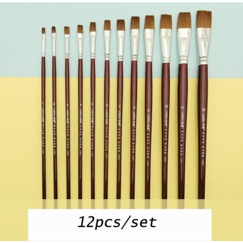 Weasels Hair Yellow Wolf Hair Flat Head Brush Art Brush Artist Paint Pen 12 pcs for Oil Watercolor Acrylic Gouache Painting