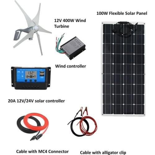 500W W/H Hybrid System Kit: 100W flexible solar panel,400W Wind Turbine Generator,controller, accessories