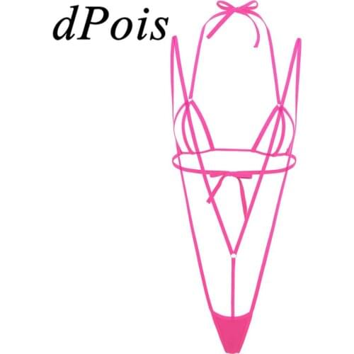 2Pcs Womens Bikini Lingerie Halter Neck Hollow Out Mini Bra Top + Suspender Thong G-String Briefs Bottom Female Sets