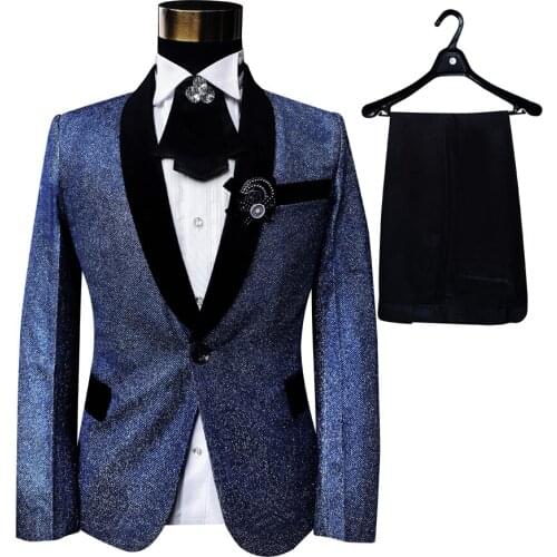 Blue Men suits black lapel Mens Stage Slim Hosting Chorus Performance Costume Set singer 2piece jacket with pants best man suit