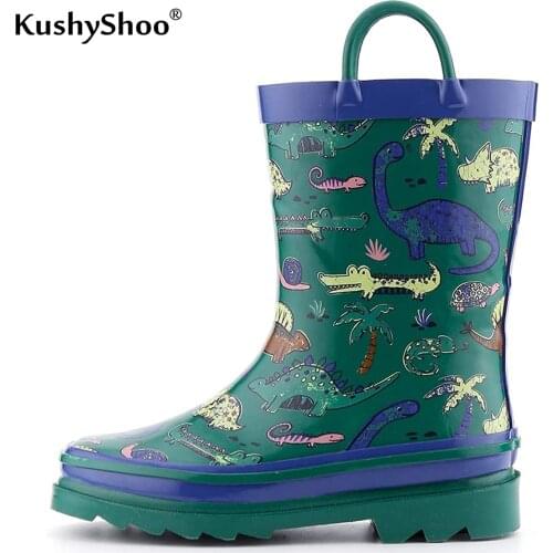 KushyShoo Toddler Rubber Rain Boots Waterproof Outdoor Children Dinasours Print Boys Water Shoes Slip-On Cute Kids Shoes