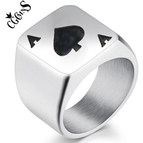Lucky Ace Of Spades Mens Ring Tone Poker Rings for Male Titanium Steel Casino Fortune Playing Cards Size 7-13