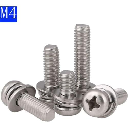 M4 - 0.7 4mm 304 Stainless Stell Cross Recessed Pan Head Screw, Spring Lock Washer and Plain Washer Assemblies Phillips