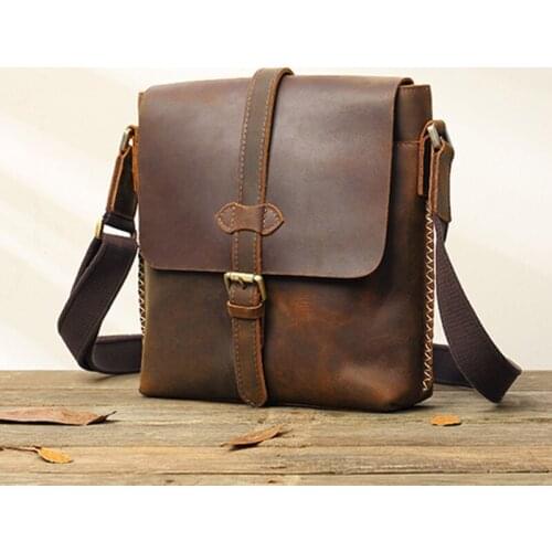 Handmade Mens Bag Shoulder Bag Retro Leather Men Casual Small Shoulder Bag Crossbody Bag Crazy Horse Leather Head Layer Leather