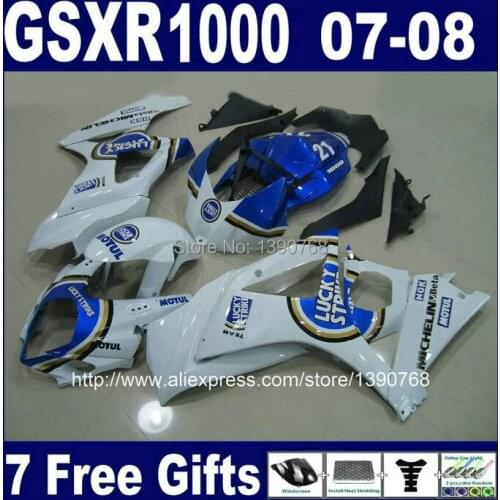 Customize free motorcycle ABS fairing kit for SUZUKI GSXR1000 2007 2008 K7 blue white LUCKY STRIKE fairings set GSXR 1000 07 08