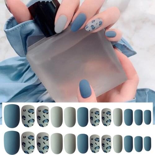 24Pcs Matte Blue False Nail Press On Nail Tips Full Cover Fake Nail With Jelly Glue DIY Manicure Art Accessories