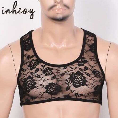 Men Sissy Nightwear Gay Erotic See Through Lace Lingerie Tank Tops Crop Tops Sleepwear
