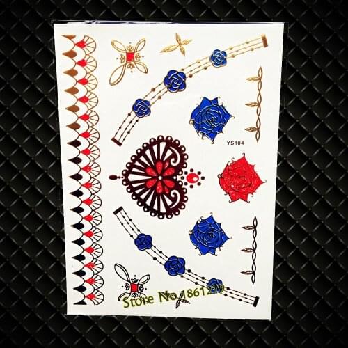 New New Unique Desigsn Rose Flower Temporary Tattoo Gold metallic Waterproof Tattoo Stickers GYS104 Women Henna REd Heart Tattoo
