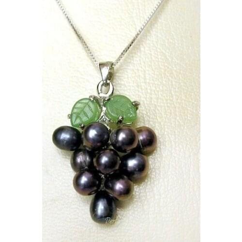 FREE shipping>2017 Black Cultured Pearl Grape Cluster 2017 Leaf 18" Chain Necklace