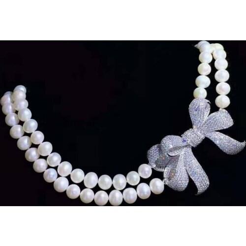 Hand knotted 43-46cm 8-9mm white freshwater pearl butterfly micro inlay zircon accessories necklace