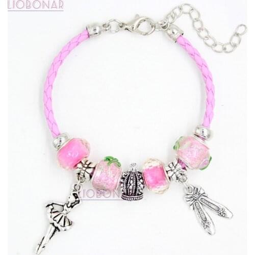 Braid Leather Bracelet Pink Lampwork Murano Glass Bead Crown Ballet Shoes Ballerina Charm Bracelets Jewelry Gift Bijoux Pulsera