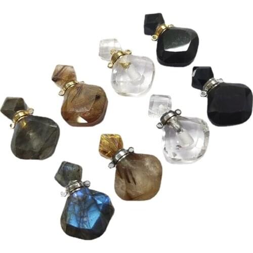 Natural Crystal Perfume Rhombus Bottle Pendant Essential Oil Diffuser Clear Quartz Labradorite Obsidian Jewelry For Necklaces
