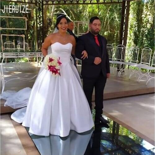 JIERUIZE Vestido de noiva Simple Strapless Wedding Dresses Lace Up Back A line White Satin Wedding Bridal Gowns robe de mariee