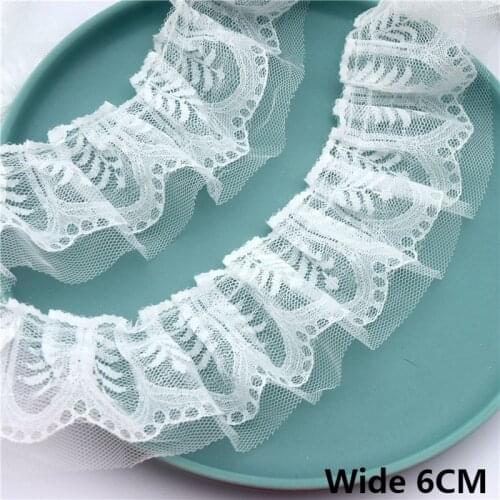 6CM Wide Luxury White Double Pleated Mesh Embroidery Lace Collar Neckline Skirt Edge Add Hemline Fringe Ruffle Trim Sewing Decor