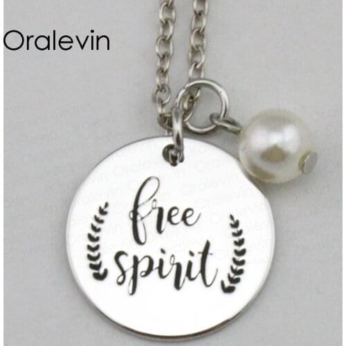 FREE SPIRIT Inspirational Hand Stamped Engraved Charm Custom Pendant Necklace Nice Gift Jewelry,18Inch,22MM,10Pcs/Lot, #LN2306