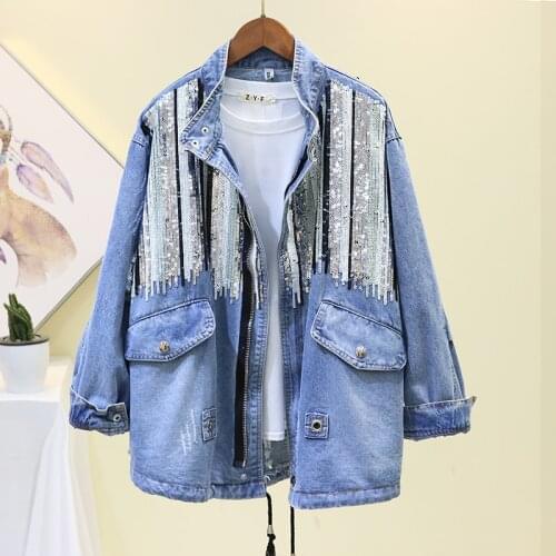 2020 Spring Autumn New Korean Version Sequins Denim Jacket Women Bomber Jacket Fashion Long Sleeves Vintage Hippie Cowboy Coats