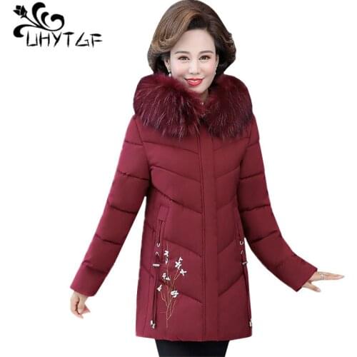UHYTGF Women Winter Jacket Fashion Embroidered Down jacket Warm Parker Coat Fur collar Hooded Thick 5XL Plus size Outerwear 1297
