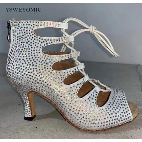 Latin Dance Boot Rhinestones Women Dance Shoes Blue White Black Satin Latin Women Salsa Shoes Dancing Party Wedding Dance Boot