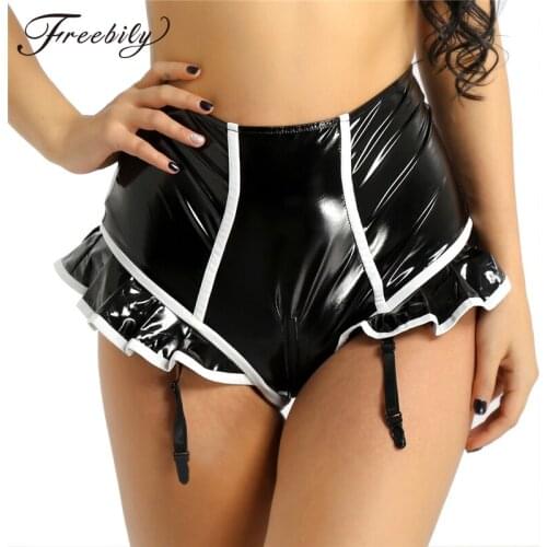 Sexy Panties for Women Lingerie Wetlook Faux Leather Ruffled Zipper Crotch High Waist Briefs with Garters Ladies Underwear