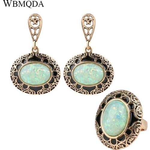 2 Pcs/lot Green Opal Stone Ring And Earrings Black Enamel Antique Gold Vintage Jewelry Sets For Women Party Accessories