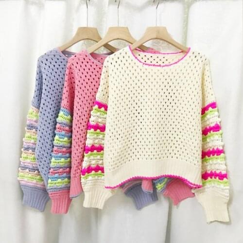 Womens Early Autumn New Loose Knit Top Round Neck Long Sleeve Contrast Striped Hollow Pullover Korean Street Fashion Clothing