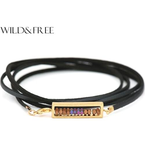 2017 New Multilayer Black Bracelets For Women Vintage Gold Color Rectangle Pendant Leather Bracelets&Bangles Jewelry DropShip