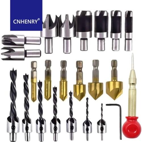 26pcs Woodworking Chamfer Drilling Tools Set 90 Degree Countersink Drill Three Pointed Countersink Drill Bit Wood Plug Cutter