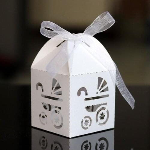 50pcs Laser Cut Hollow Baby Carriage Car Favor Gifts Candy Boxes With Ribbon Custom Baby Shower Birthday Party Favor Decorations