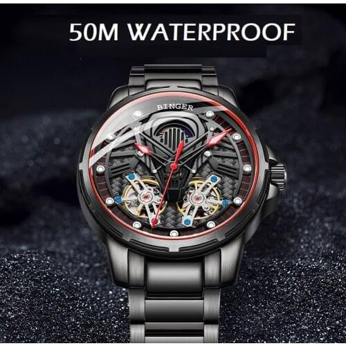BINGER Original Double Tourbillon Military Watch Men 50M Waterproof Steel Strap Wrist Watches Sports Gift Clock Relogio New 2020
