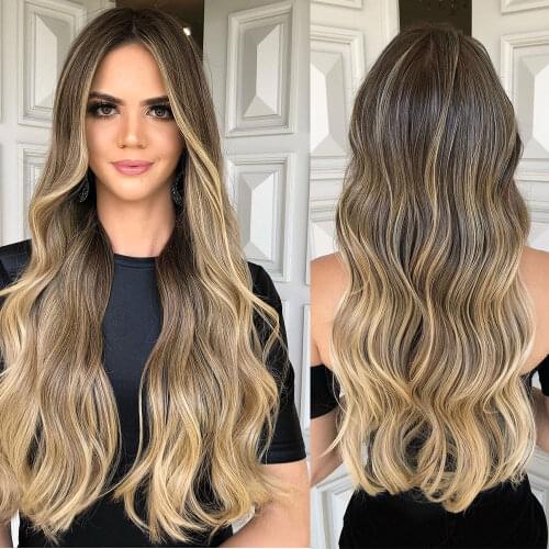 Long Ombre Brown Honey Blonde Wavy Wig Synthetic Wigs For Black White Women Cosplay Party Daily High Density Wig Msholy