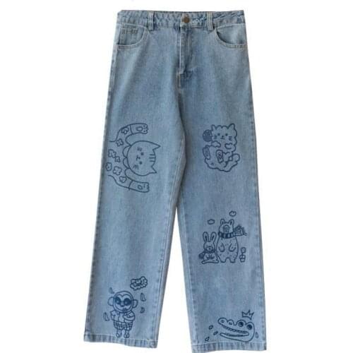 Cute Cat Print Jeans Femme Autumn Kawaii Loose Womens Fashion Trousers Funny Korean High Waist Harajuku Trendy Pants Females