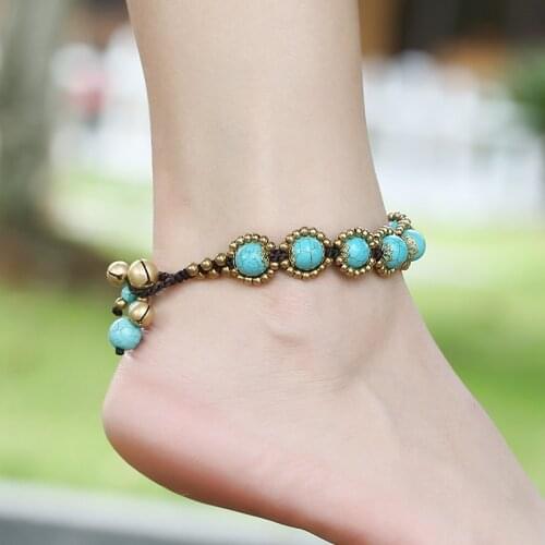 European and American Bohemian Style Semi-precious Stone Braided Wax Rope Hand-woven Beach Style Charm Womens Anklet Jewelry