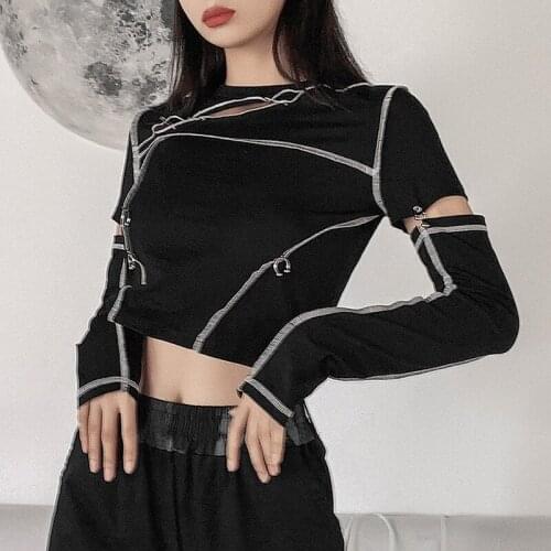 HIRIGIN 2021 Womens T-shirt Spring Autumn Hollow Out Patchwork Punk Sexy Club Streetwear Casual Long Sleeve Rings Pullover Tops