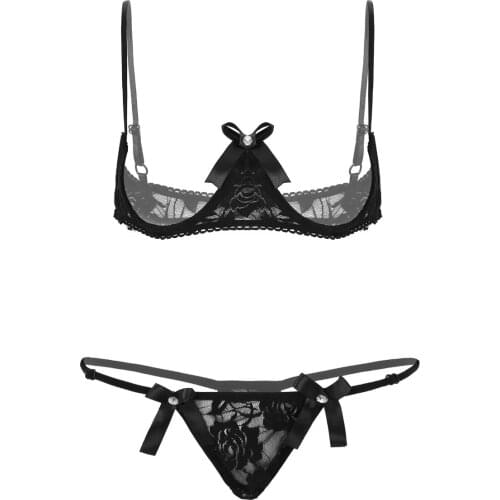 Womens Sheer Lace Lingerie Set Spaghetti Shoulder Straps Bare Exposed Breasts Underwired Shelf Bra with Low Rise G-string Briefs