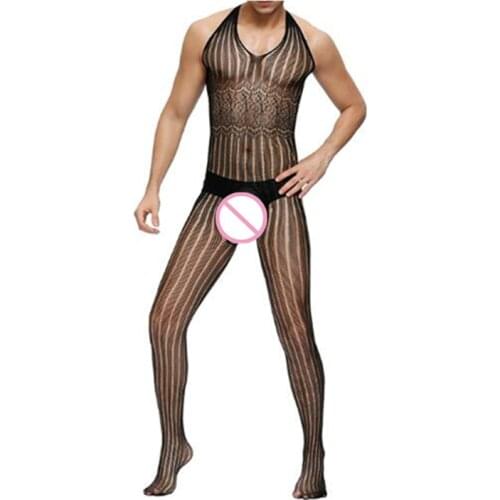 Mens Stripe Sleepwear Fishnet Bodysuits Halter Crotchless Bodystocking Men Pantyhose Latex Gay Transparent Sexy Intimates