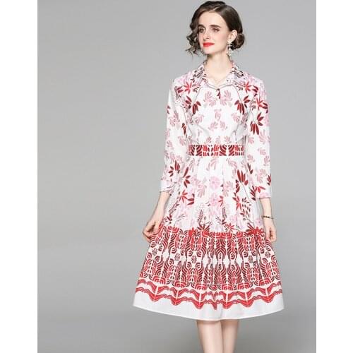 2021 New Autumn Elegant Temperament Vestidos Womens Lapel Long-sleeved Waist Contrast Print Midi Dress DF398