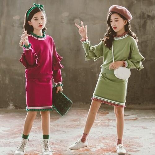 New Spring Children Girls Fall Outfits Solid Color Two Piece Clotheing Set Ruffle Sleeve Sweatshirt + Lacework Skirt Kid Clothes